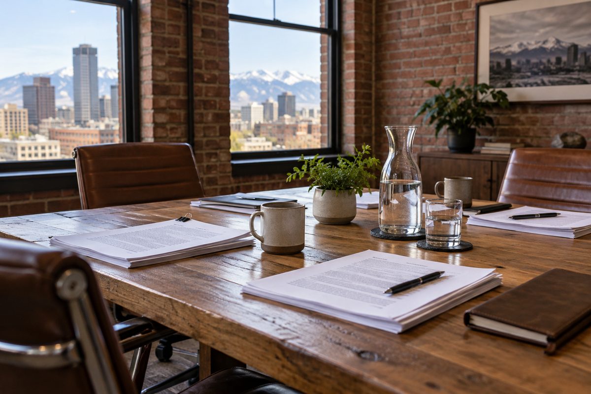 Conference table arranged with editorial draft guidelines and typography proofs.